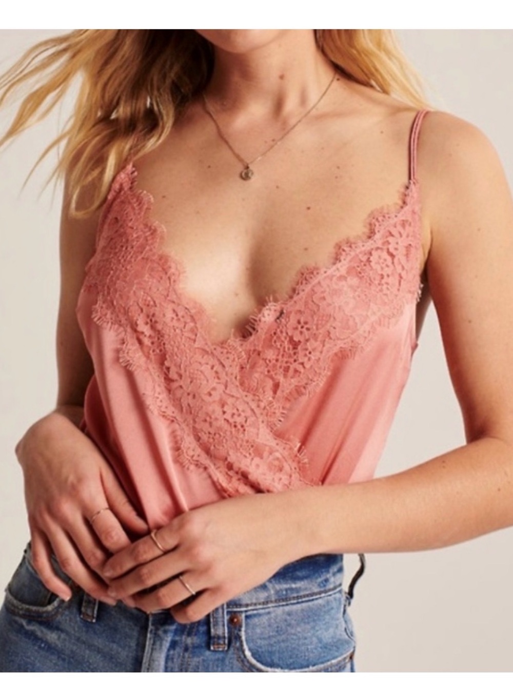 Abercrombie & Fitch Wrap-Front Lace Satin Cami Bodysuit | Dusty Rose Size Large